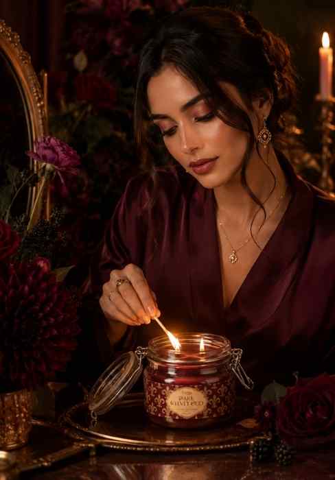 Eternia Dark Velvet Oud jar candle with lit wick and burgundy wax in glass jar