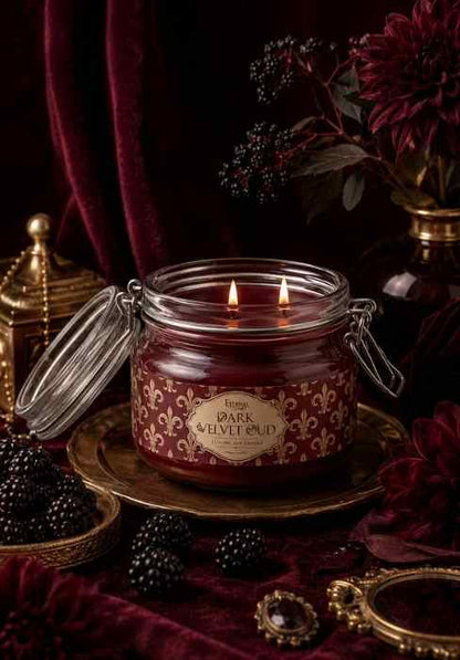 Eternia Dark Velvet Oud jar candle with lid open, burgundy wax, and ornate label