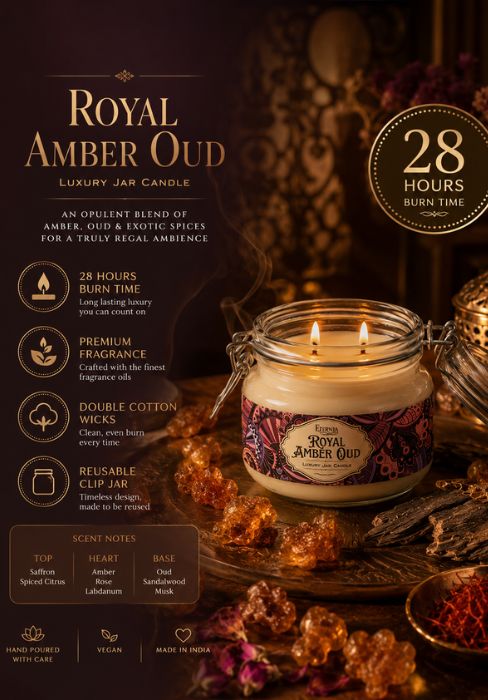 Royal Amber Oud jar candle with two lit wicks, glass jar and decorative label