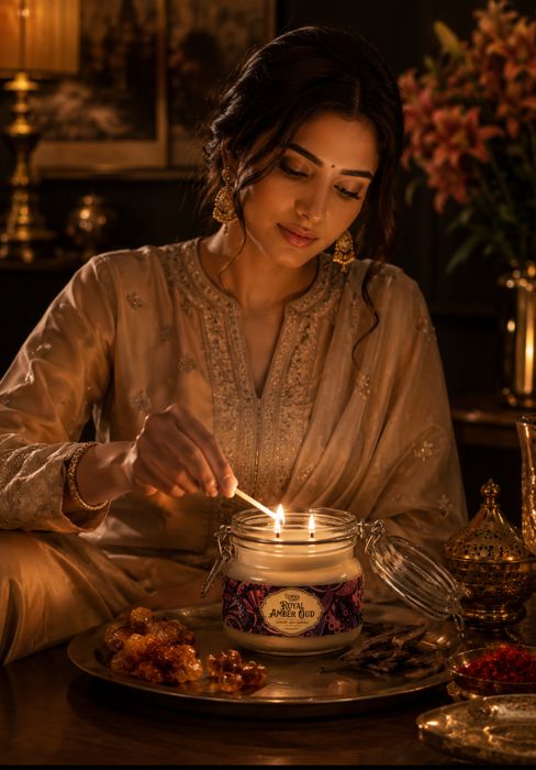 Royal Amber Oud jar candle with two lit wicks on a metal plate, glass clasp lid
