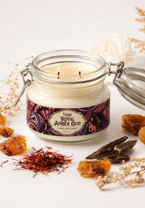 Royal Amber Oud jar candle with cream wax, two wicks, and metal clasp lid; unlit