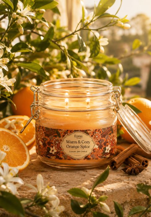 Close-up of clear glass jar candle with amber-orange wax and floral printed label