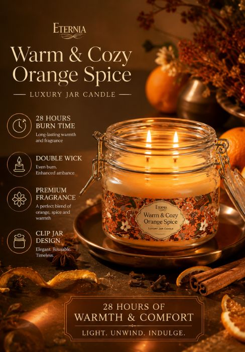 Warm & Cozy Orange Spice double-wick jar candle in clear glass with amber-orange wax