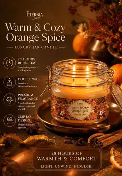 Warm & Cozy Orange Spice double-wick jar candle in clear glass with amber-orange wax