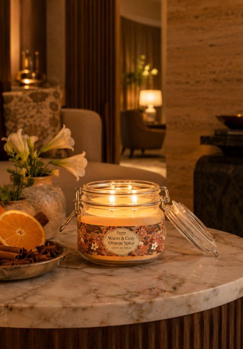 Clear glass jar candle with amber-orange wax and Warm & Cozy Orange Spice label