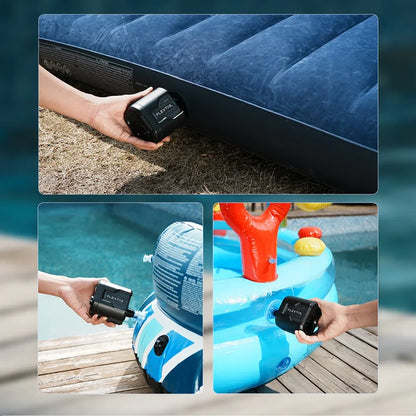 Inflatable pool with a hand holding an electric pump, surrounded by water.