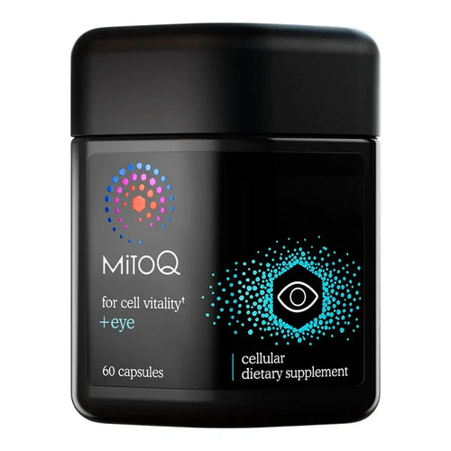 A black jar of MitoQ + eye cellular dietary supplement with a black lid, featuring a label with a colorful dot pattern.