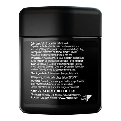 A black supplement jar shown from the back, displaying detailed white text on a black background.