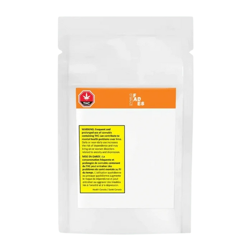 Front view of the Fades Zest Of Orange packaging with health warning labels against a plain white background.