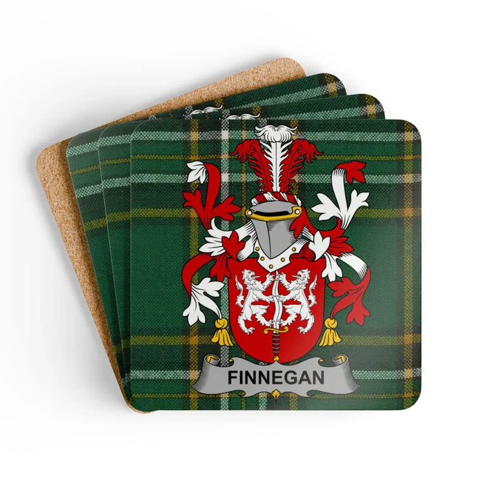 Finnegan Family Crest Green Plaid Square Coaster