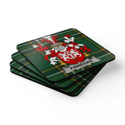 Finnegan Family Crest on Green Plaid Coasters