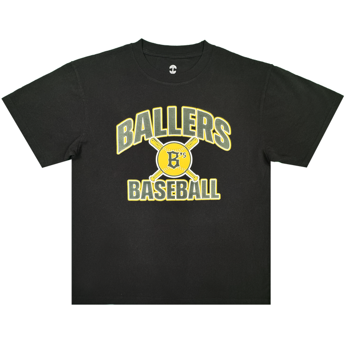 The Fireball Tee by Oakland Ballers is a black classic fit t-shirt crafted from 100% heavy-weight cotton, featuring yellow and white “BALLERS BASEBALL” text and a graphic of two crossed bats with a yellow baseball marked by a black “B” and “7′s” at the center, shown against a plain white background.