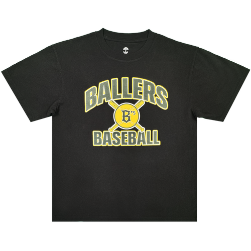 The Fireball Tee by Oakland Ballers is a black classic fit t-shirt crafted from 100% heavy-weight cotton, featuring yellow and white “BALLERS BASEBALL” text and a graphic of two crossed bats with a yellow baseball marked by a black “B” and “7′s” at the center, shown against a plain white background.