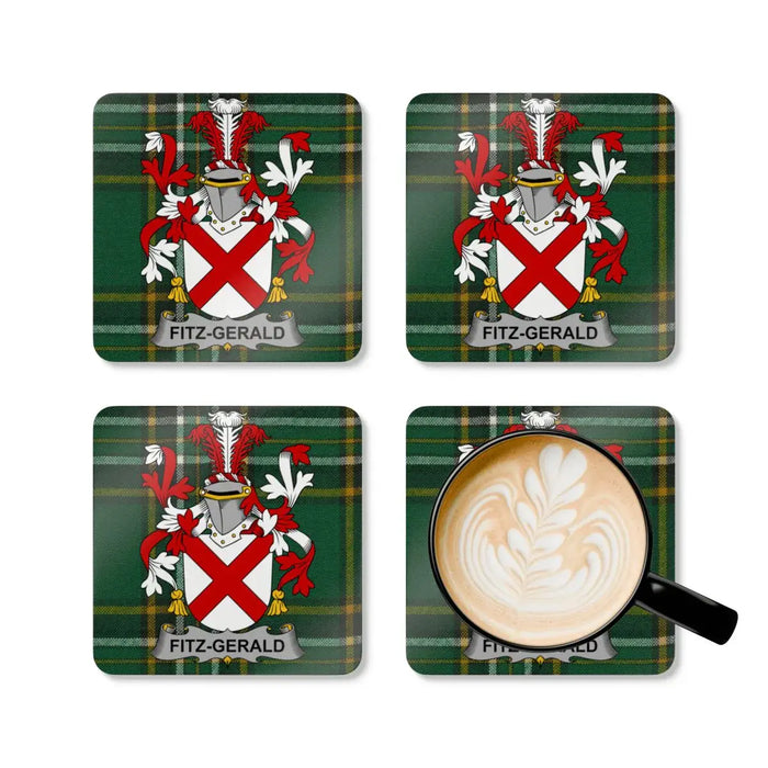 Fitz-Gerald Family Crest Green Tartan Coaster Set