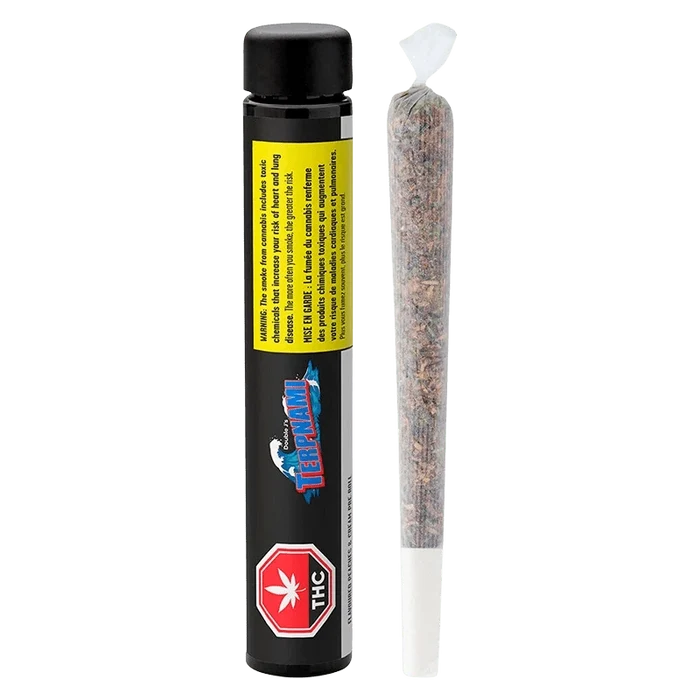 Straight-on view of a black tube and a rolled joint beside it, labeled "Flavoured Peaches & Cream PR 4 x 0.5 g" on the tube.