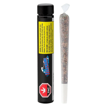 Straight-on view of a black tube and a rolled joint beside it, labeled "Flavoured Peaches & Cream PR 4 x 0.5 g" on the tube.