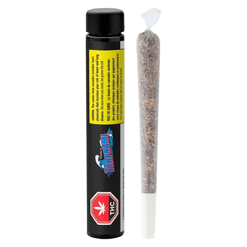 Straight-on view of a black tube and a rolled joint beside it, labeled "Flavoured Peaches & Cream PR 4 x 0.5 g" on the tube.