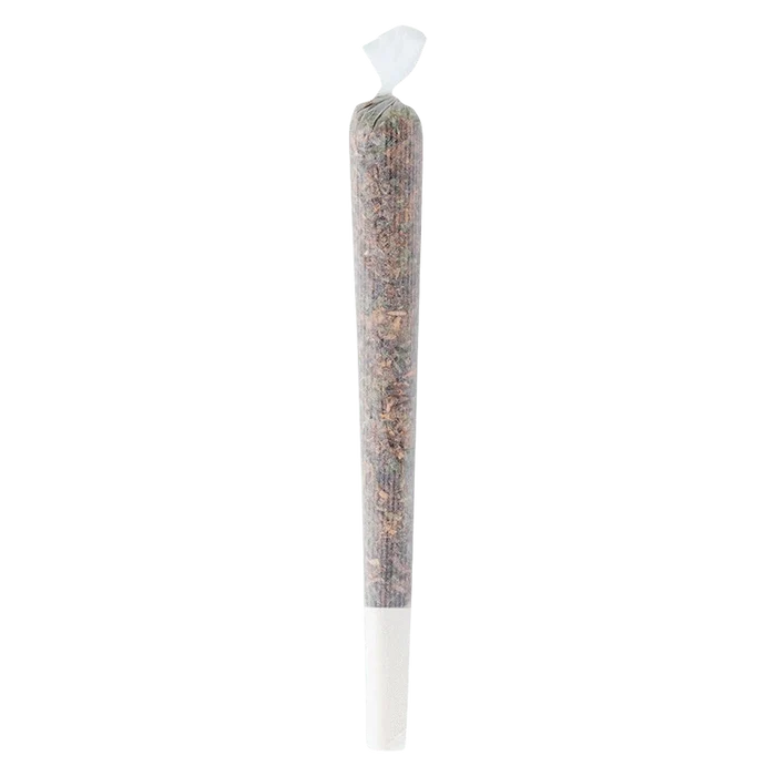 Straight-on view of a single rolled cigarette labeled "Flavoured Peaches & Cream PR 4 x 0.5 g" standing upright in clear paper with a white filter tip.