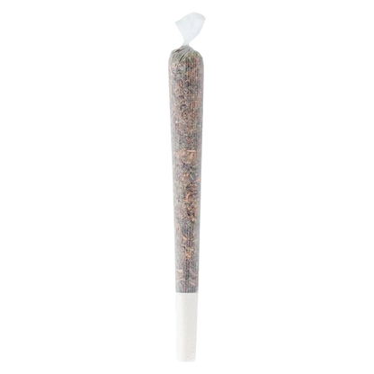 Straight-on view of a single rolled cigarette labeled "Flavoured Peaches & Cream PR 4 x 0.5 g" standing upright in clear paper with a white filter tip.