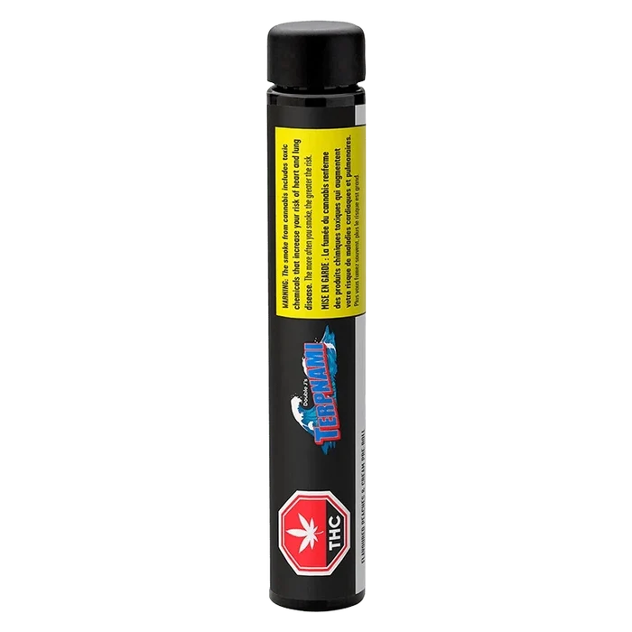 Tall front view of the Flavoured Peaches & Cream PR 4 x 0.5 g black cartridge tube with a yellow warning label and red THC icon.