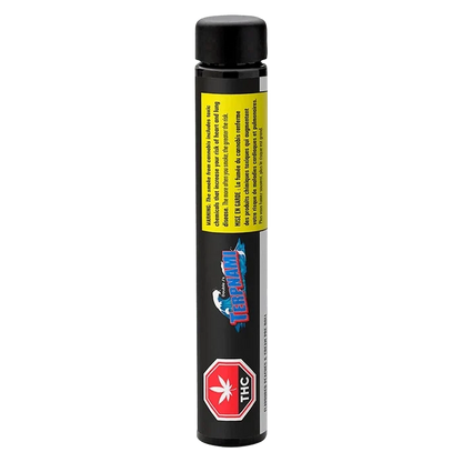 Tall front view of the Flavoured Peaches & Cream PR 4 x 0.5 g black cartridge tube with a yellow warning label and red THC icon.