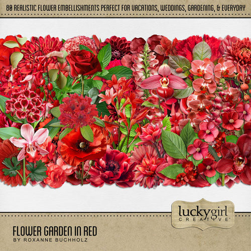 Flowers, flowers, and more flowers fill this beautiful realistic digital scrapbooking collection by Lucky Girl Creative digital art with hues of red and accents of green. Featuring a wide variety of flowers from around the world, these embellishments are perfect for everyday, summer, the Christmas holiday, fall, tropical vacations, flower gardens, and weddings, too! This kit is included in the Flower Garden Bundle 2.
