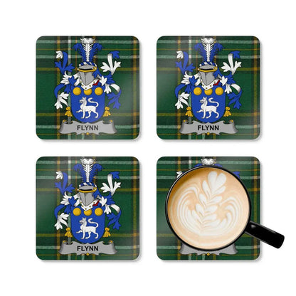 Flynn surname emblem Green Tartan Design Coaster Set