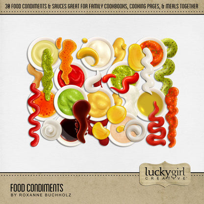Accent all your favorite food, kitchen, restaurant, and cookbook pages with these realistic condiment and sauce embellishments by Lucky Girl Creative digital art for digital scrapbooking. Perfect for creating family cookbooks and recipe cards - the best holiday gifts ever! Great for the chef, cooking, and family dinners!