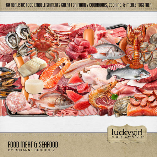 Accent all your favorite food, kitchen, restaurant, and cookbook pages with these realistic meat and seafood embellishments by Lucky Girl Creative digital art for digital scrapbooking. Perfect for creating family cookbooks and recipe cards - the best holiday gifts ever! Great for the chef, cooking, and family dinners!