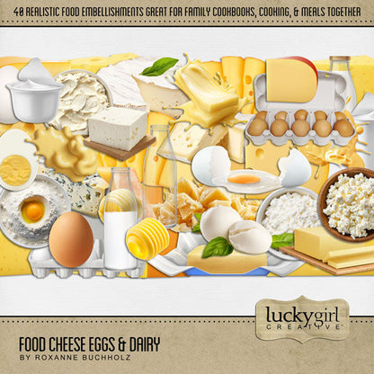 Accent all your favorite food, kitchen, restaurant, and cookbook pages with these realistic cheese, eggs, and dairy embellishments by Lucky Girl Creative digital art for digital scrapbooking. Perfect for creating family cookbooks and recipe cards - the best holiday gifts ever! Great for the chef, cooking, and family dinners!