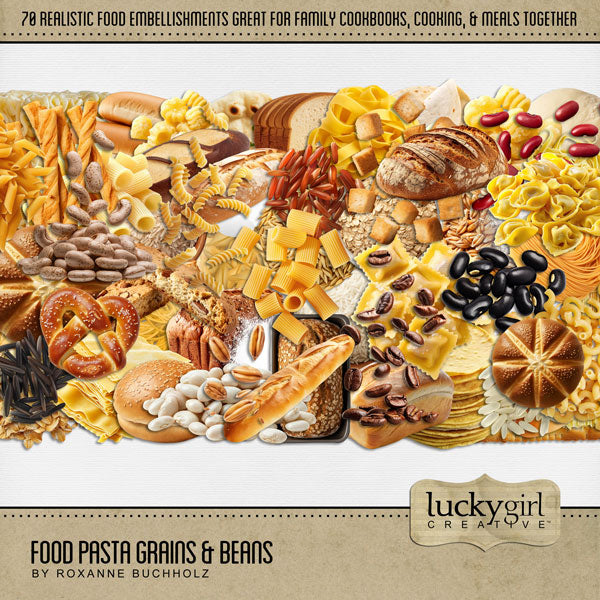 Accent all your favorite food, kitchen, restaurant, and cookbook pages with these realistic pasta, noodle, grain, and bean embellishments by Lucky Girl Creative digital art for digital scrapbooking. Perfect for creating family cookbooks and recipe cards - the best holiday gifts ever! Great for the chef, cooking, and family dinners!