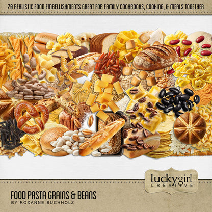 Accent all your favorite food, kitchen, restaurant, and cookbook pages with these realistic pasta, noodle, grain, and bean embellishments by Lucky Girl Creative digital art for digital scrapbooking. Perfect for creating family cookbooks and recipe cards - the best holiday gifts ever! Great for the chef, cooking, and family dinners!