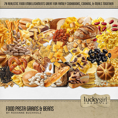 Accent all your favorite food, kitchen, restaurant, and cookbook pages with these realistic pasta, noodle, grain, and bean embellishments by Lucky Girl Creative digital art for digital scrapbooking. Perfect for creating family cookbooks and recipe cards - the best holiday gifts ever! Great for the chef, cooking, and family dinners!