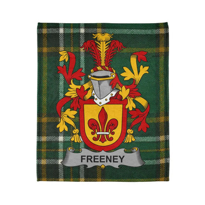 Freeney Coat of Arms on Green Tartan Pattern Blanket