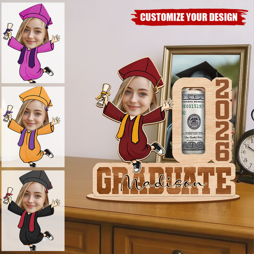 Funny Graduation Gift 2026, Custom Face Wooden Standee with Name & Money Holder