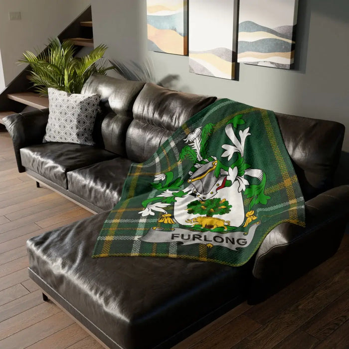 Furlong Irish surname printed polyester throw blanket with crest-style emblem