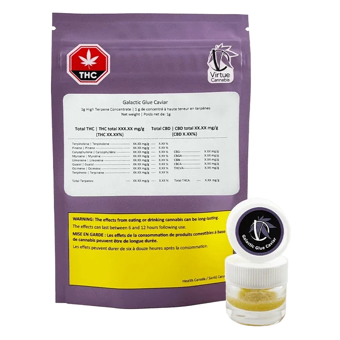 Front-facing shot of the Galactic Glue Caviar pouch and 1 g concentrate jar against a plain white background.