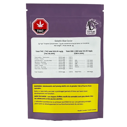 Rear view of the purple pouch showing the Galactic Glue Caviar label, terpene table and a yellow Health Canada warning panel.