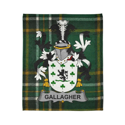 Gallagher Family Crest on Green Plaid Tartan Blanket