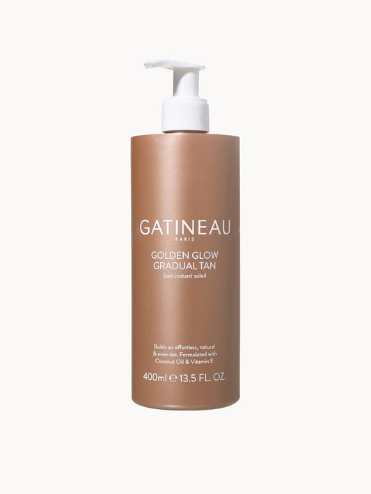 Gatineau Golden Glow Gradual Tan Cream in 400ml bottle, moisturizing tanning lotion with a golden glow finish.