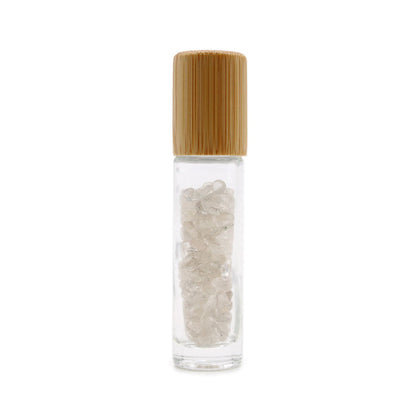 Gemstone Essential Oil Roller Bottle - Rock Quartz  - Wooden Cap 🇬🇧
