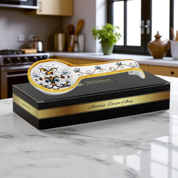 GIFT BOX GOLD LOGO: With authentic Deruta hand painted ceramic - RICCO DERUTA: Spoon rest