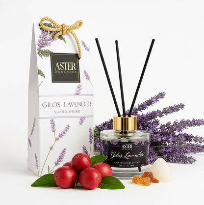 Gilo Lavender Reed Diffuser Set with glass bottle, reeds, and lavender scent