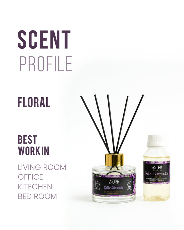Gilo Lavender Reed Diffuser Set with diffuser reeds and lavender-scented oil in a glass bottle.