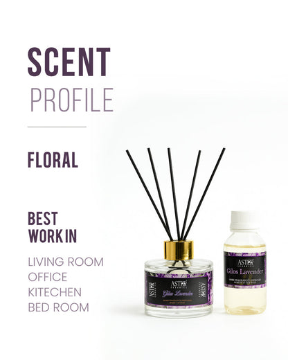 Gilo Lavender Reed Diffuser Set with diffuser reeds and lavender-scented oil in a glass bottle.