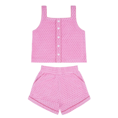 girls blush dot french terry button tank and short set