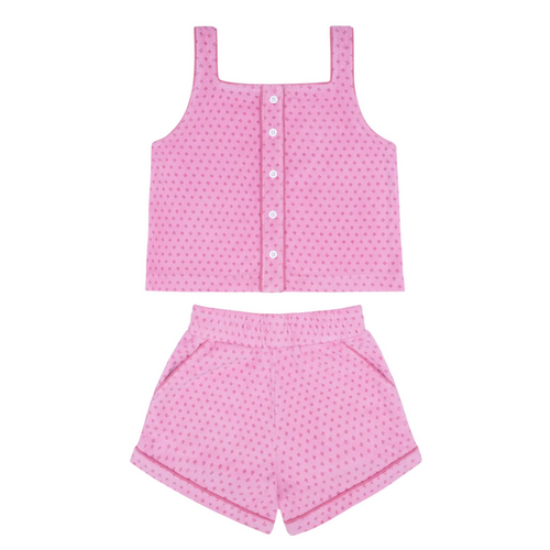 girls blush dot french terry button tank and short set