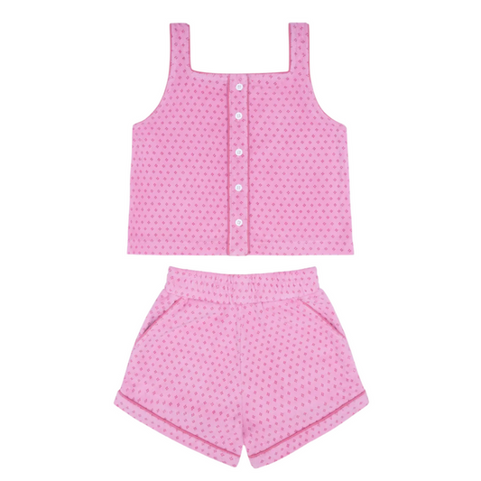 girls blush dot french terry button tank and short set