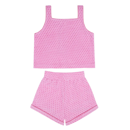 girls blush dot french terry button tank and short set