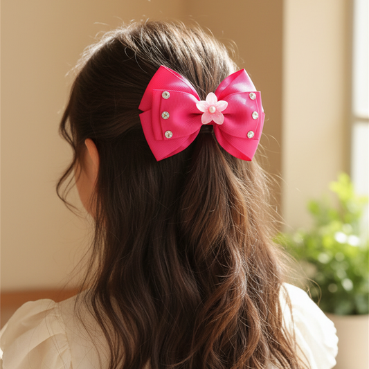 Girls Flower Hair Bow Clips Bulk Pack (24 Pcs) – 12cm Grosgrain Ribbon Bows with Rhinestones & Alligator Clips (HCD-25762H)